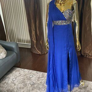 Royal Blue Beaded One Shoulder Dress Size 2 Floor Length A-Line Formal Gown